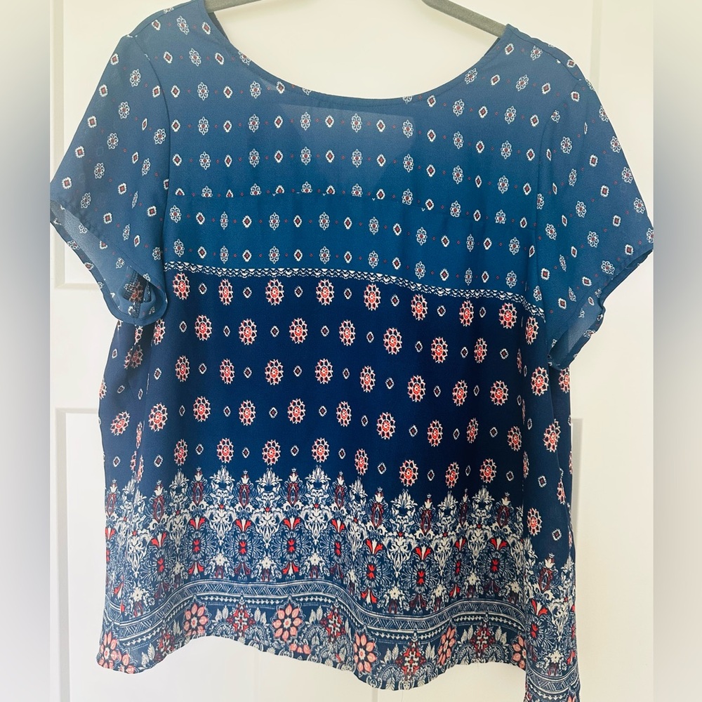 Blue Patterned Short Sleeve Blouse
